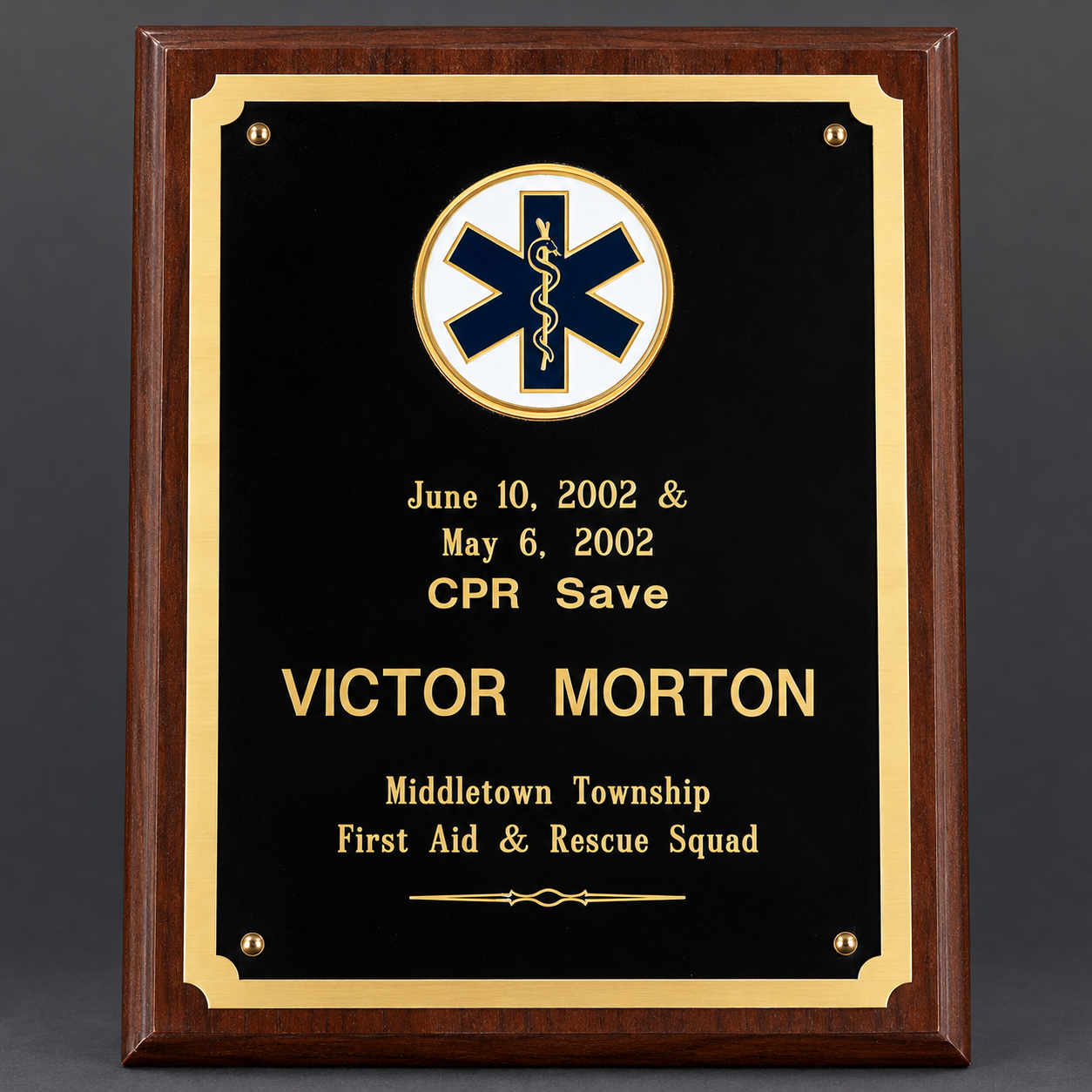 CPR Save recognition presented to Victor Morton by Middletown Township First Aid and Rescue Squad
